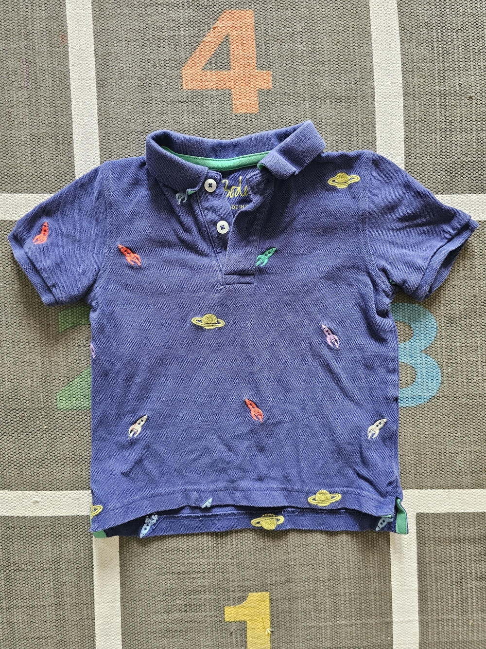 Boden Navy Polo with Colorful Rocket & Planet Embroidery